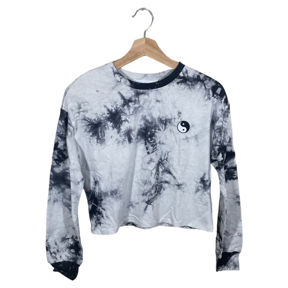 Black Tie Dye Peace Sign Long Sleeve Embossed Crop Top Size XS